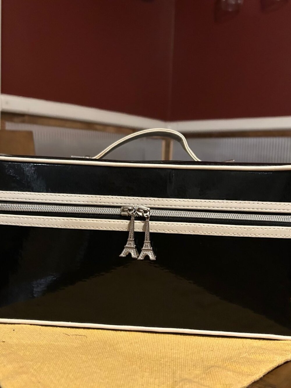 Vintage Black Patent Vinyl Lancome Cosmetic Makeup Train  Case Featuring iconic